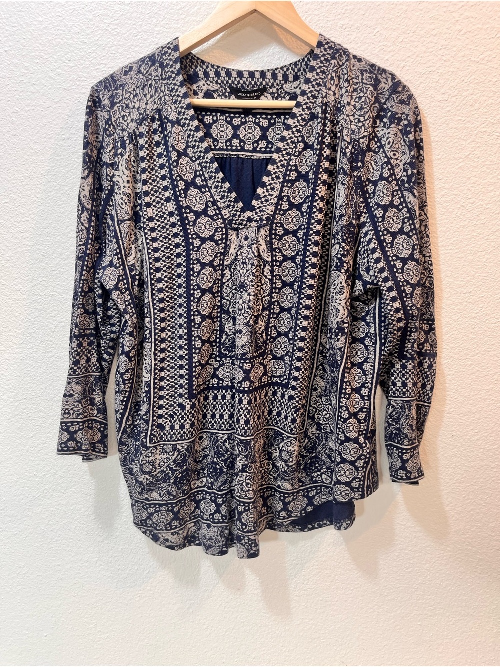 Lucky Brand Navy and Cream V-Neck Printed Tunic